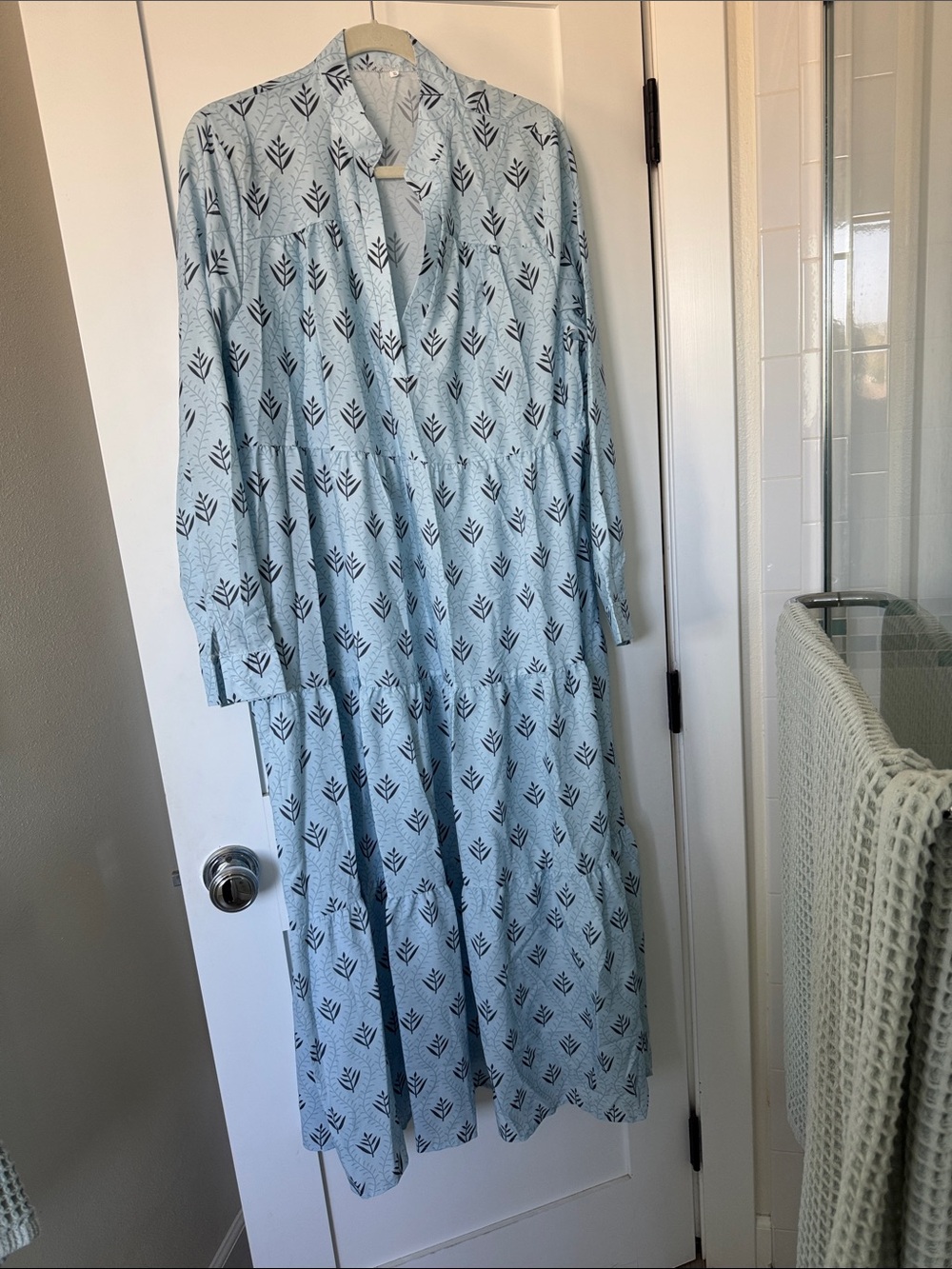 Light Blue Printed Long Sleeve Maxi Dress